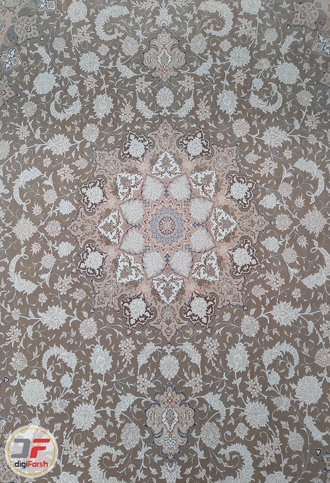 فرش ماشینی کاشان طرح نائین اصفهان گردویی | 1200 شانه گل برجسته کد 221279