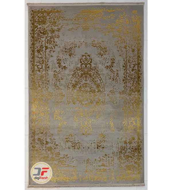 فرش مدرن و فانتزی ماشینی گل برجسته زمینه طوسی طلایی وینتیج کد 34-143